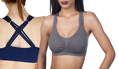 Anemone Strappy Criss-cross Back Comfort Sports Bra with Removable Pads (O/S, 2 PACK: NAVY&GRAY)