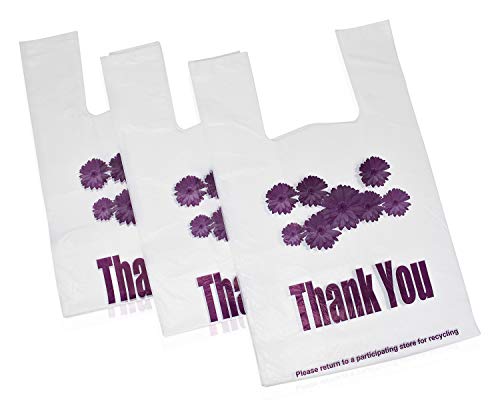 Plastic Bag, Thank You Bags, Purple Flower Bulk Grocery Reusable Shopping T-Shirt Bags with handles - 305 pcs/case