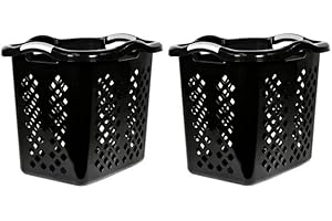 ReMoiz 2 Pack Ultra Easy Carry Plastic Laundry Hamper, 2 Bushel Lamper Plastic Laundry Basket with Silver Handles,Dirty Clothes Laundry Hamper Bin for Home, Apartment, or Dorm Room, Black