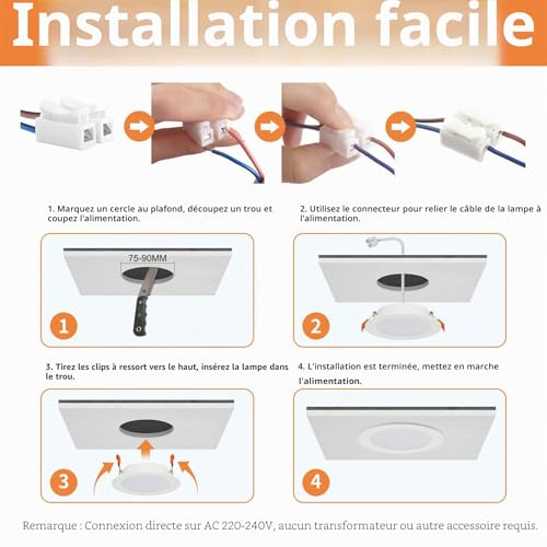 Tomosu Pack of 10 Extra Flat LED Recessed Spotlights, 5 W 450 LM Equivalent to 50 W Incandescence, IP44 Waterproof Bathroom Spotlight Warm White 2700 K, Hole Φ75-90 mm, AC220-240 V
