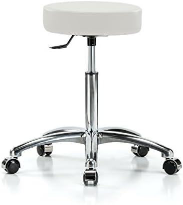 Perch Single Lever Adjustable Rolling Backless Swivel Stool in Chrome for Office Salon Home Garage or Work Shop 20.5" - 28" (Soft Floor Casters/Adobe White Vinyl)