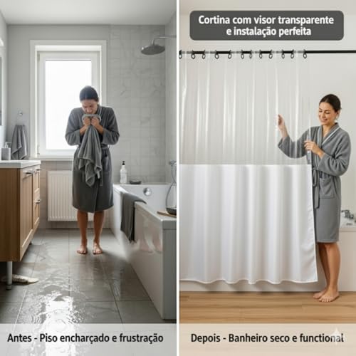 Cortina Para Box de Banheiro em PVC Impermeável Antimofo com Visor Transparente - 1,38 x 2m (BRANCO)