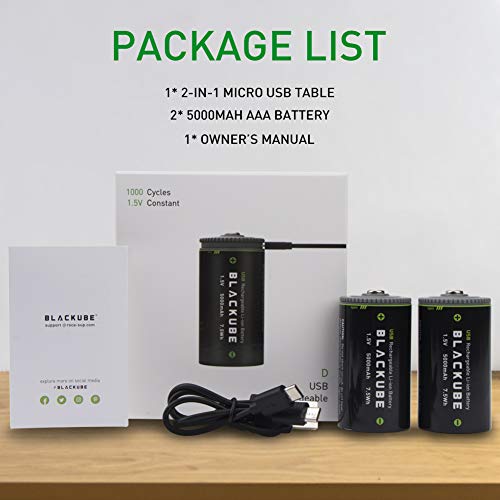 Blackube D Batteries Rechargeable Lithium Ion 1.5V, 5000mAh D Cell Battery USB and TypeC Long