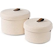 DENJA &amp; CO Round Baskets with Lids - Set of 2 Decorative Jute Baskets with Lids for Organizing - Natural Cotton Rope Lidded Baskets with Genuine Leather Tabs and Handles - Storage Baskets with Lids
