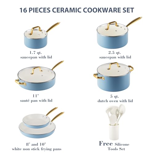 Ceramic Pots and Pans Set - Non Toxic Cookware Set with Cooking Utensils Set, Kitchen Cookware Sets Dutch Oven Pot Saucepan Set Sauté Pan Frying Pan Set for Cooking Pot Gold Kitchenware Gift