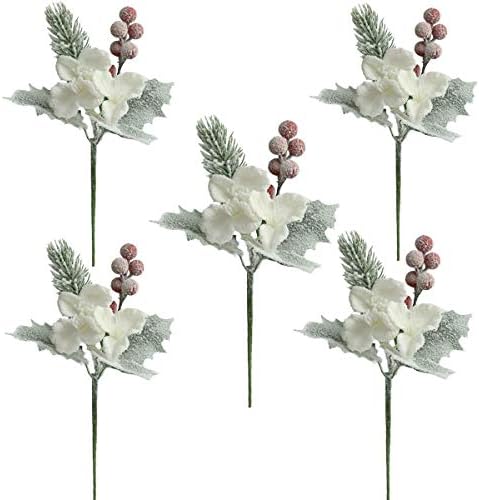 MUFEN Artificial Frosted Pine Branches Twig Snow Covered Berries and Pick Christmas Halloween/Thanksgiving Decoration Holiday Table Supplies Decor (White)