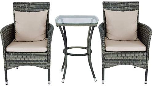 3 Pcs Outdoor Furniture Set โ 2 Rattan Chairs โ Tempered Glass Table โ Cotton Cushions Included โ Sturdy Steel Frame โ Water Resistant โ Easy to Clean and Ensemble โ Great for Patio, Porch, Pool Deck.