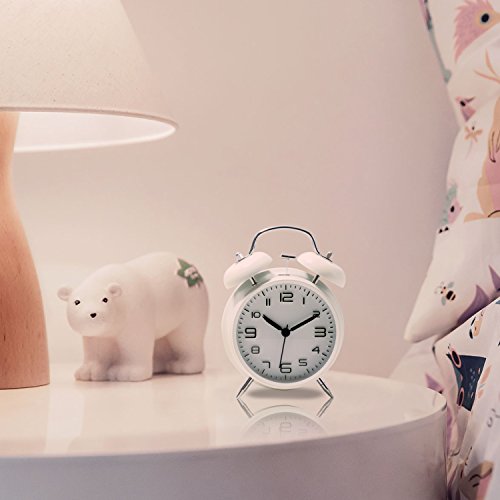 Betus Non-Ticking 4" Twin Bell Alarm Clock - Metal Frame 3D Dial with Backlight Function - Desk Table Clock for Home & Office - Milk White