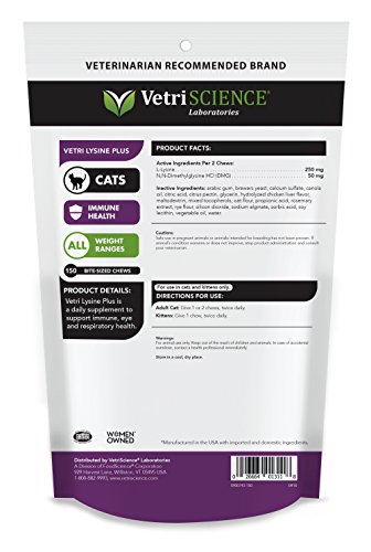 VetriScience Laboratories Vetri Lysine Plus, Immune Support Supplement for Cats, 150 Bite Sized Chews