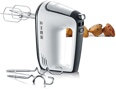 Handmixer, Handrührgerät mit 5 Geschwindigkeitsstufen, praktischer Handrührer mit 2 Edelstahl-Rührbesen und -Knethaken, 400 W, weiß-schwarz / Edelstahl, HM 3830