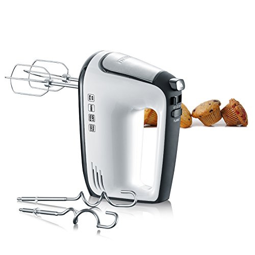 Handmixer, Handrührgerät mit 5 Geschwindigkeitsstufen, praktischer Handrührer mit 2 Edelstahl-Rührbesen und -Knethaken, 400 W, weiß-schwarz / Edelstahl, HM 3830