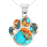dog paw pendant necklace in 925 sterling silver with genuine turquoise spiny turquoise with chain 