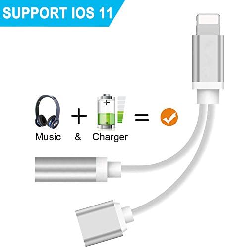 Lightning Jack Headphone Adapter for iPhoneX /10/8/8 iPhone7/7Plus iPhone 6/6s /ipod/ipad. 3.5mm Aux Audio Earphone Adaptor and Charge Converter.Audio Cable Splitter(Support iOS10.3/11System) (Silver)