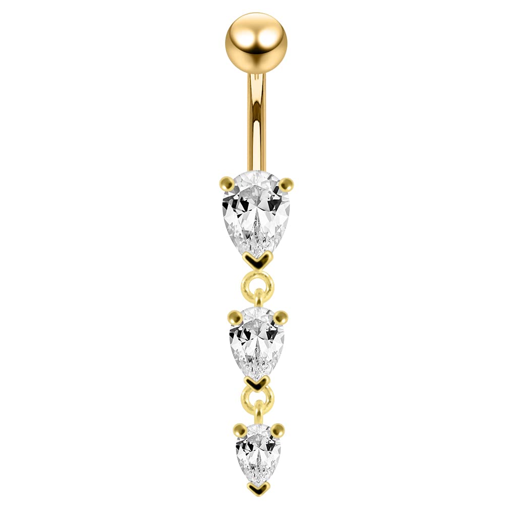 AZARIO LONDON 18K Gold Plated on Clear CZ Stone Triple Teardrop Design Dangling Sterling Silver Belly Bars Piercing