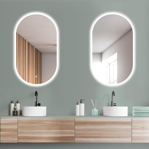 HOKO® Oval LED Design Mirror, 45 x 75 cm, High + Horizontal Mount, Illuminated Bathroom Mirror, Also as Vanity Mirror