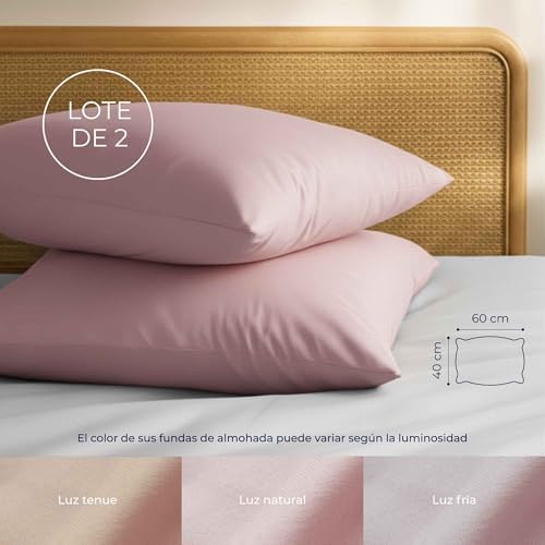 Funda Almohada 60x40 Algodón Reforzado (Pack de 2) - Rosa - Tela Apretada de 57 Hilos/cm² - Funda Almohada 40 x 60 - Certificación Oeko Tex - Dreamzie