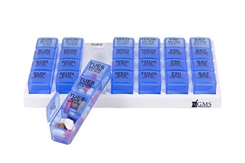 GMS 7 Day Pill Organizer Tray - Large with Removable Daily Pill Boxes with 4 Compartments Each for Storing and Organizing Medications and Pills - Blue