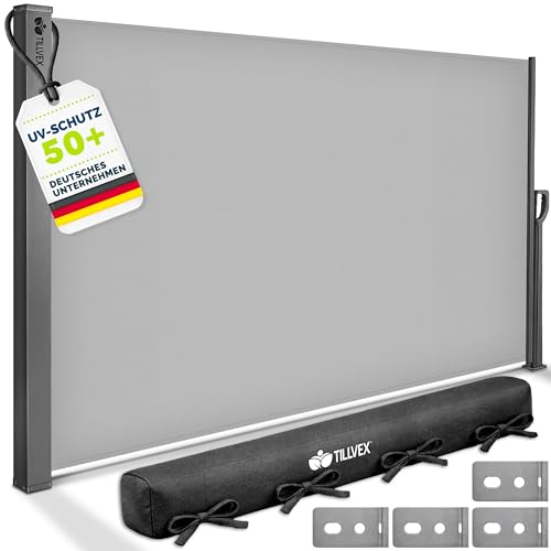 tillvex® Seitenmarkise 180 x 400 cm ausziehbar & Blickdicht mit Regencover