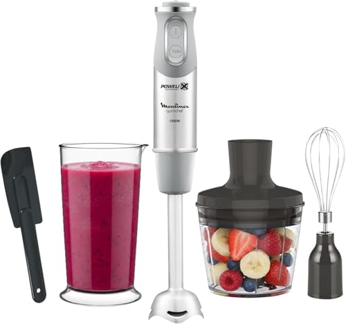 Moulinex Quickchef, Hand Blender + Spatula, Metal Stand, 1000 W, 10 Speed, Powelix Blades, 500 ml Chopper, 800 ml Measuring Cup, Grey DD655DES
