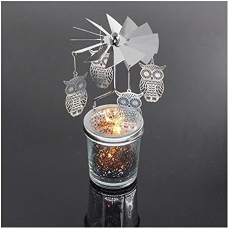 MJTCJY Holder Candle Romantic Rotary Spinning Tealight Candle Metal Tea Light Carousel Home Decoration (Color : Night owl Silver)