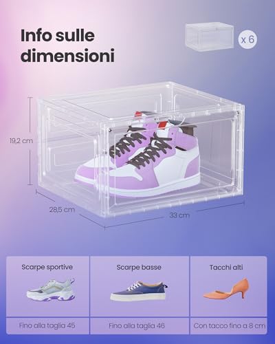 SONGMICS LSP506W01 Set of 6 Shoe Storage Boxes Transparent Plastic Shoe Organiser with Door Stackable 33 x 28.5 x 19.3 cm for Shoes up to Size 46 White Transparent