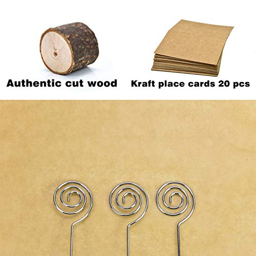Pomeat 20 Pcs Table Card Holder Rustic Wood Base Wedding Card Holders with Swirl Wire and 20 Pcs Kraft Place Cards, 5.8 inch Photo Picture Note Clip for Wedding Home Party Table Decorations