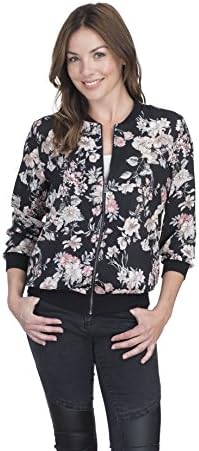 Como Vintage Women's Zipped Lightweight Bomber Jacket Top (Solid or Printed) (Extra Large, Black/Pink/Neutral Floral)