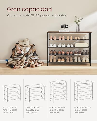 VASAGLE Zapatero, Organizador de Almacenamiento de Zapatos de 5 Niveles para Entrada y clóset, Capacidad para 20-24 Pares de Zapatos, 4 estantes de Tela, Marco de Acero, Industrial, café rústico y