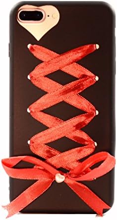 Caselegance iPhone 7 iPhone 8 4.7" Chic Cute Red Silk Tape Ribbon Bow Pearl Heart Silicone Rubber TPU Slim Fit Flexible Phone Case BLACK