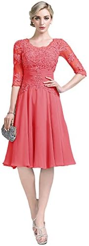 Romanlisa Women's Knee Length Chiffon Lace 3/4 Sleeve Ruffle Mother Formal Evening Dress Melon 18w