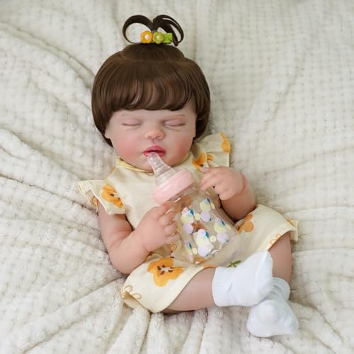 Bebê Reborn Boneca Realista Corpo de Silicone Menina Com Um Ursinho Fofo Cabelo Implantado Realista Original Pintada Corpo Pode dar Banho Dormindo de olhos fechados 48cm