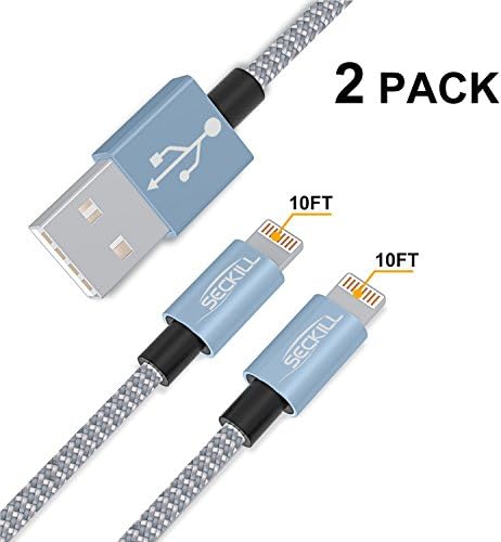 ToughLine Lightning Cable [2Packs 10FT] Extra Long Nylon Braided Fast Charging Cord for iPhone X/8/8Plus/ 7/7 Plus/6/6s/6 Plus/6s Plus/5/5c/5s/SE,iPad, iPod and More (Gray+Silver)