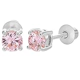 Rhodium Plated Pink Crystal Safety Girls Kids Screw Back Earrings 4mm