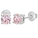 Rhodium Plated Pink Crystal Safety Girls Kids Screw Back Earrings 4mm