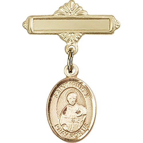 Gold Filled Baby Badge with St. Pius X Charm and Polished Badge Pin 1 X 5/8 inches