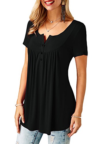 For G and PL Women's Summer Button Short Sleeve Flare Blouse Soft V Neck Basic T Shirt Pleated Loose Casual Tunic Top Black L - Thumbnail 2