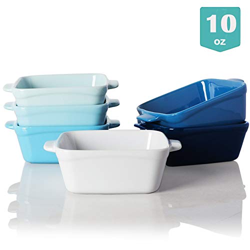 Sweejar Ceramic Souffle Dishes,Square Double Handle Ramekins for Baking, 10 OZ for Creme Brulee, Custard,Dipping - Set of 6 (Blue)