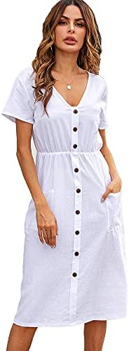 New 2021 Women's Dresses-Short Sleeve V Neck Button Decoration T Shirt Midi  Skater Dress with Pockets (White, S) price in UAE | Amazon UAE