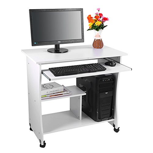 Mesa para Ordenador de Madera Compacta con Ruedas Escritorio de PC con Portateclado para Oficina o Hogar (Blanco)