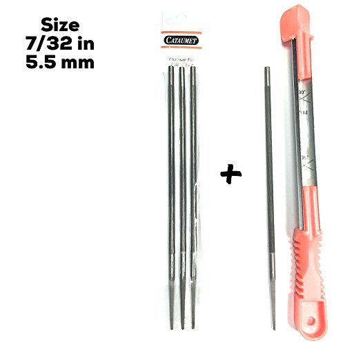 Chainsaw Sharpener Files –7/32 Inch - 4 Carbon Steel Chain Files + 1 Non-Slip File Handle Guide