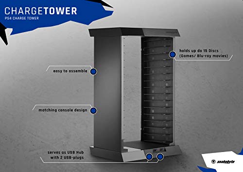 Snakebyte PS4 Charge: Tower - Games Storage Tower for 15 Games including 2 USB Ports to Charge your Controller / Gamepad for PlayStation 4