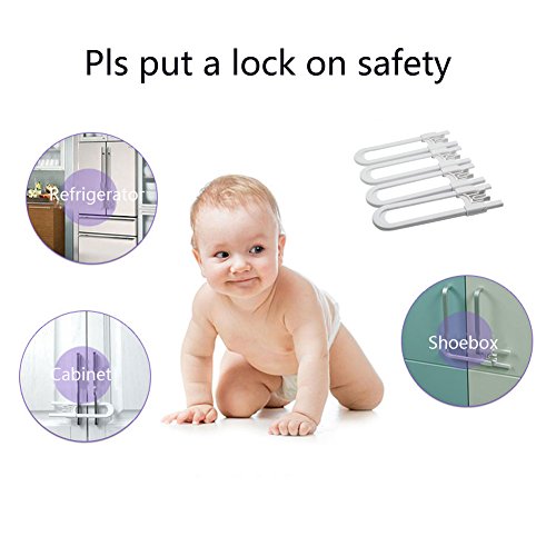 Sliding Cabinet Lock, Childproof Baby Safety Locks, U Shaped Cabinet Latch for All Kinds of Handles (4 Pack, White) - Thumbnail 6