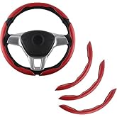 Amiss 3pcs Carbon Fiber Anti-Skid Steering Wheel Cover, Waterproof & Segmented Butterfly Design, Universal 99% Vehicle Wheel Cover Protector, Car Interior Accessories, Red