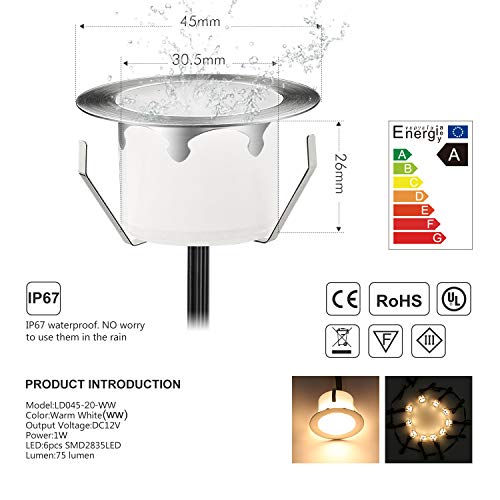 CHNXU 20 Pack LED Deck Lighting Kit with Transformer, Warm White IP67 Waterproof Φ1.77" 12V Low Voltage Recessed Landscape Garden Yard Patio Step Stair Decoration Lamps LED In-ground Lights - Thumbnail 2