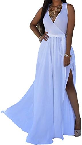 HannahZone Womens Sexy V Neck Sleeveless Long Maxi Split Evening Chiffon Summer Dress With Belt,White,Medium