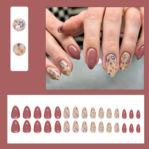 30 Pcs Bean Color Press on Nails Short Almond - YEFIUO Extra Short Fake Nails Press ons Nail Art Tips French Glue on Nails with Flowers Design Full Cover False Nails Stick on Nails Acrylic Nail Kit - Image 2