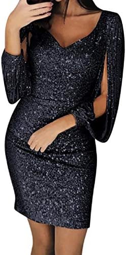 FAPIZI Women Sequined Club Casual O-Neck Hollow Sundress Long Sleeve Solid Beach Style Mini Dress