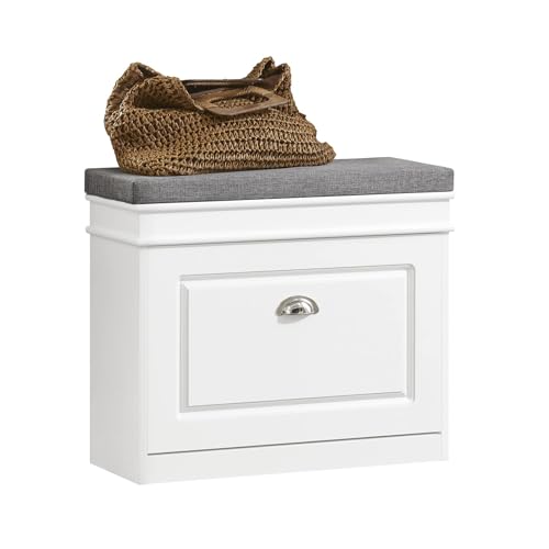 SoBuy Narrow Shoe Cabinet Bench with Flip Drawer Storage - Modern Entryway Shoe Bench with Storage, Space Saving Wooden Shoe Rack Cabinet with Padded Cushion Seat - Ideal for Hallway, Entryway