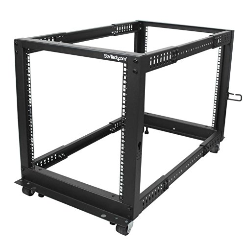 StarTech.com 12U Adjustable Depth Open Frame 4 Post Server Rack with Casters/Levelers and Cable Management Hooks 4POSTRACK12U Black