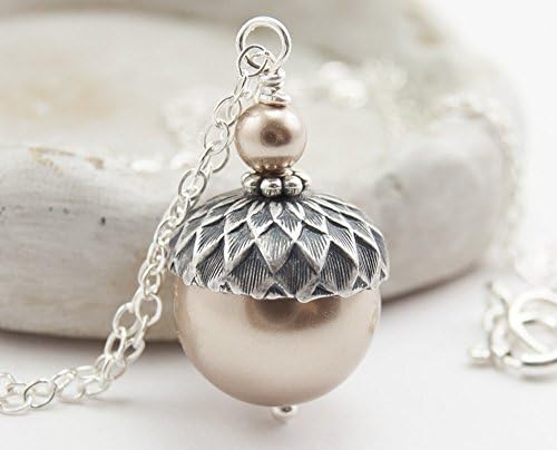 Acorn Pendant Necklace with Bronze Colored Simulated Pearls by Swarovski, Sterling Silver Chain 16"